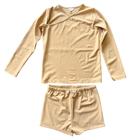 THE SIMPLE FOLK Kids Tan Swim Set Boys 8-9 Rash Guard & Swim Trunks SPF 50+ - Picture 1 of 12